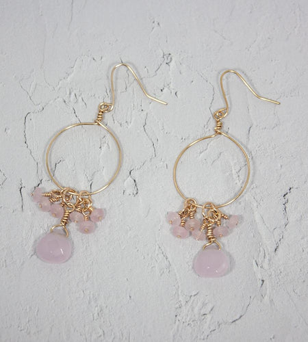 Pink Chalcedony and Jade Cluster Hoop Earrings